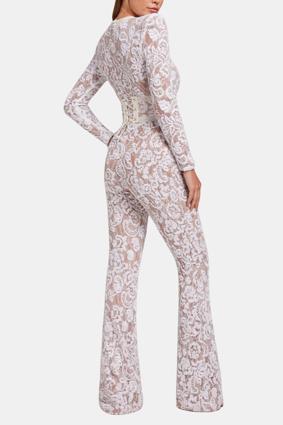 White lace long-sleeve jumpsuit with fitted high waist and flared legs