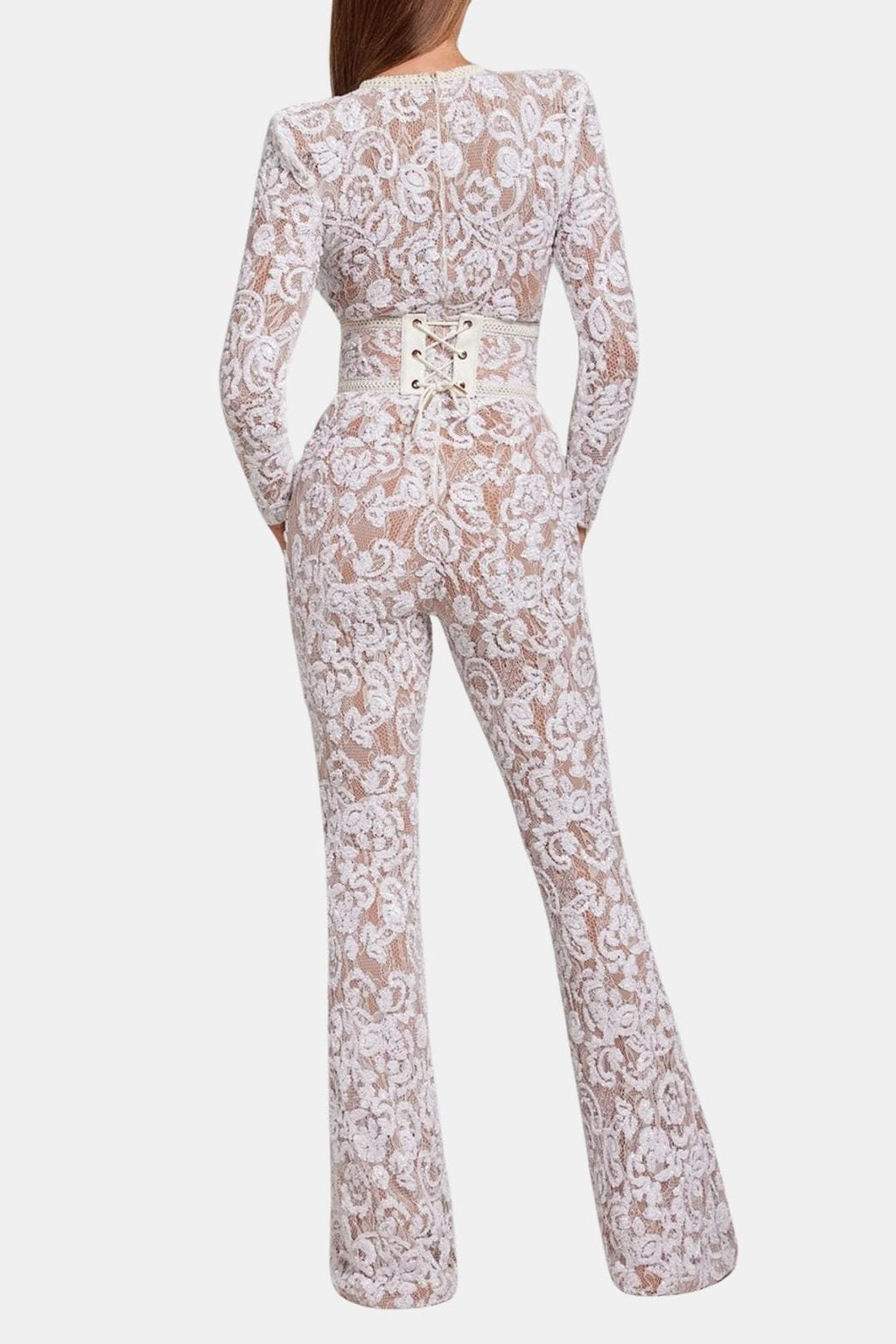 White lace long-sleeve jumpsuit with back keyhole and wide-leg flares