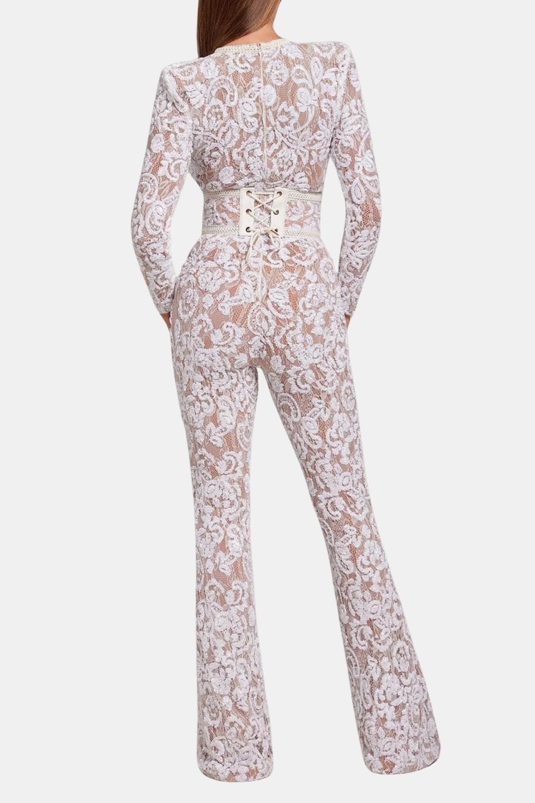 White lace long-sleeve jumpsuit with back keyhole and wide-leg flares
