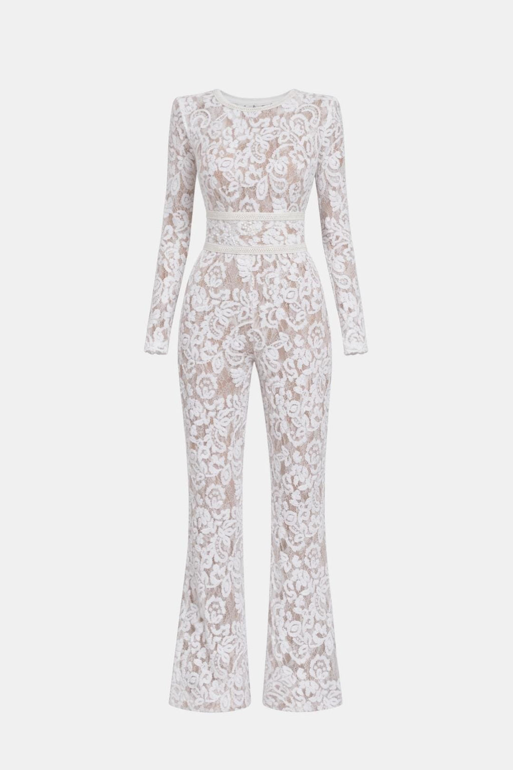 White lace long-sleeve jumpsuit with high waist and wide-leg pants