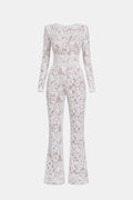 White lace long-sleeve jumpsuit with high waist and wide-leg pants