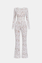 White lace long-sleeve jumpsuit with high waist and wide-leg pants