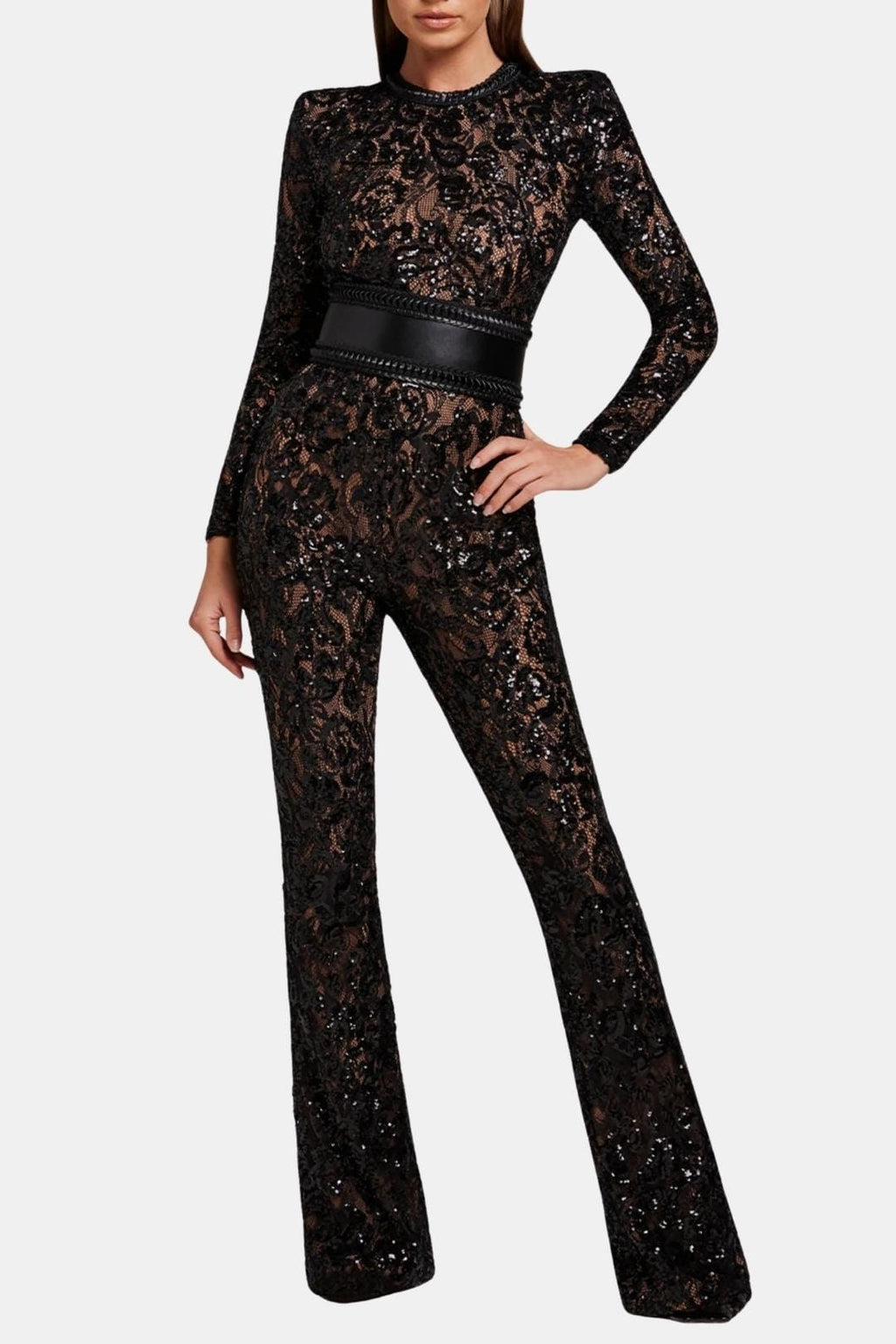 Black lace long-sleeve jumpsuit with high waist and wide flared legs