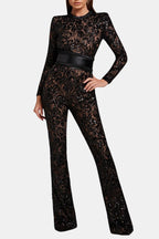 Black lace long-sleeve jumpsuit with high waist and wide flared legs