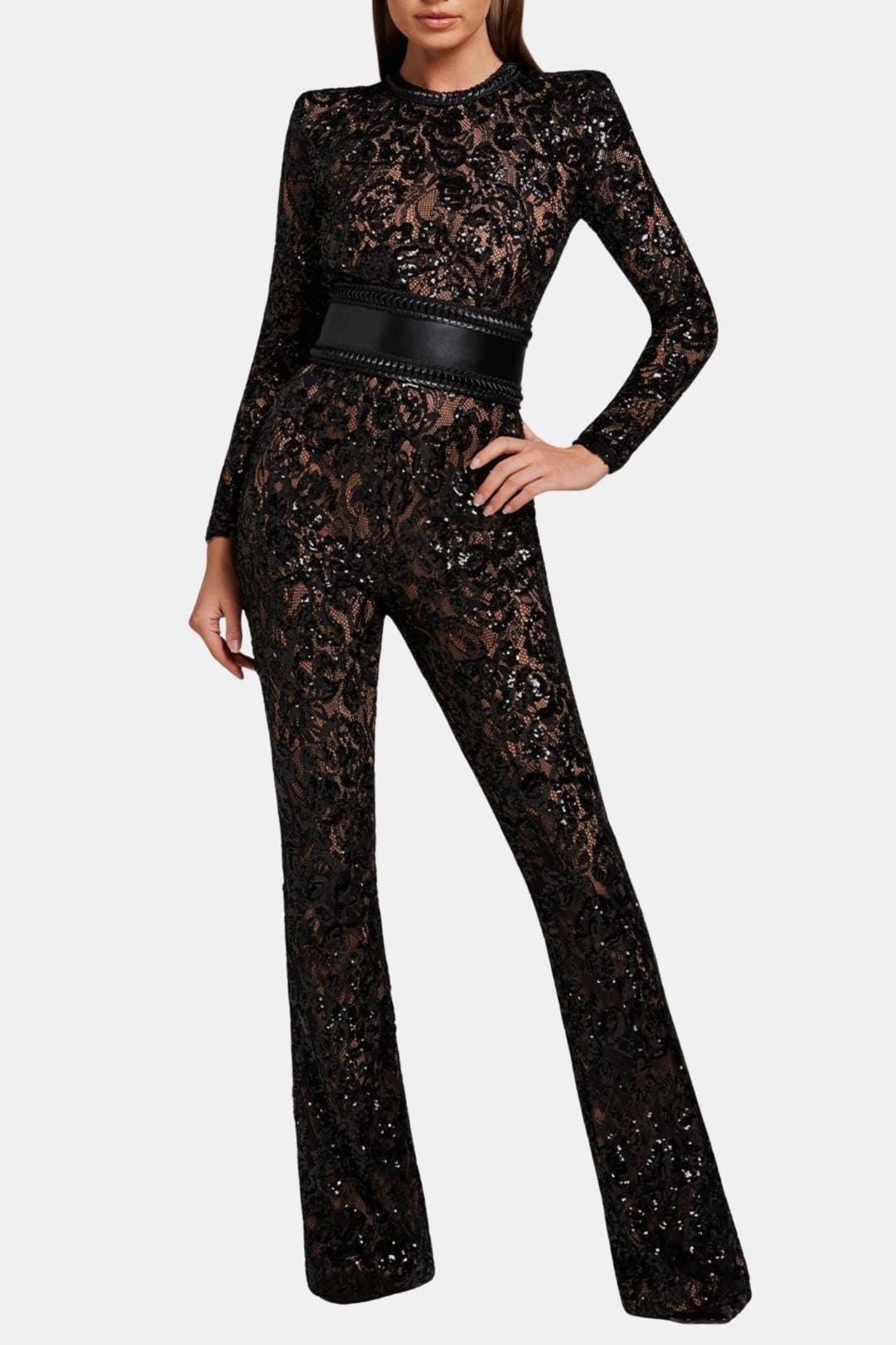 Black lace long-sleeve jumpsuit with high waist and wide flared legs