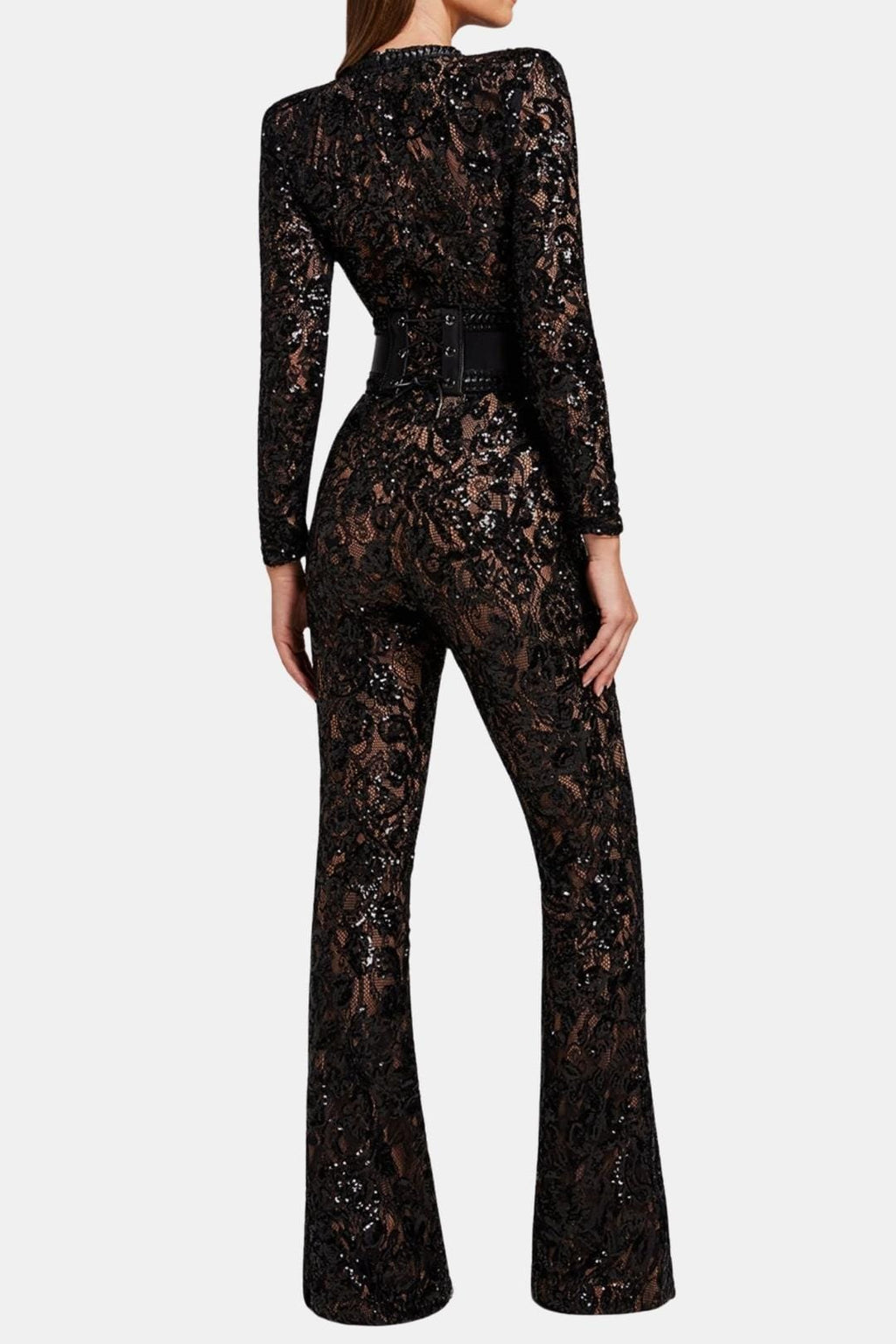 Black lace long-sleeve jumpsuit with back cutout and wide-leg flares