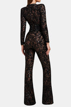 Black lace long-sleeve jumpsuit with back cutout and wide-leg flares