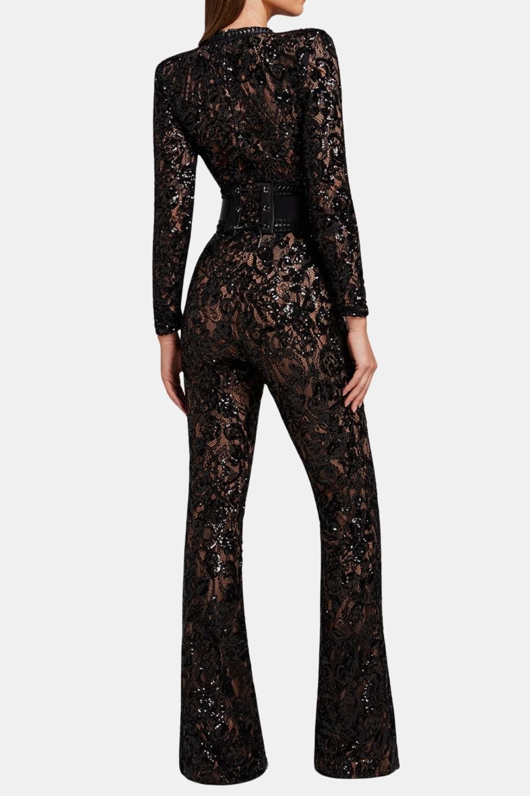 Black lace long-sleeve jumpsuit with back cutout and wide-leg flares