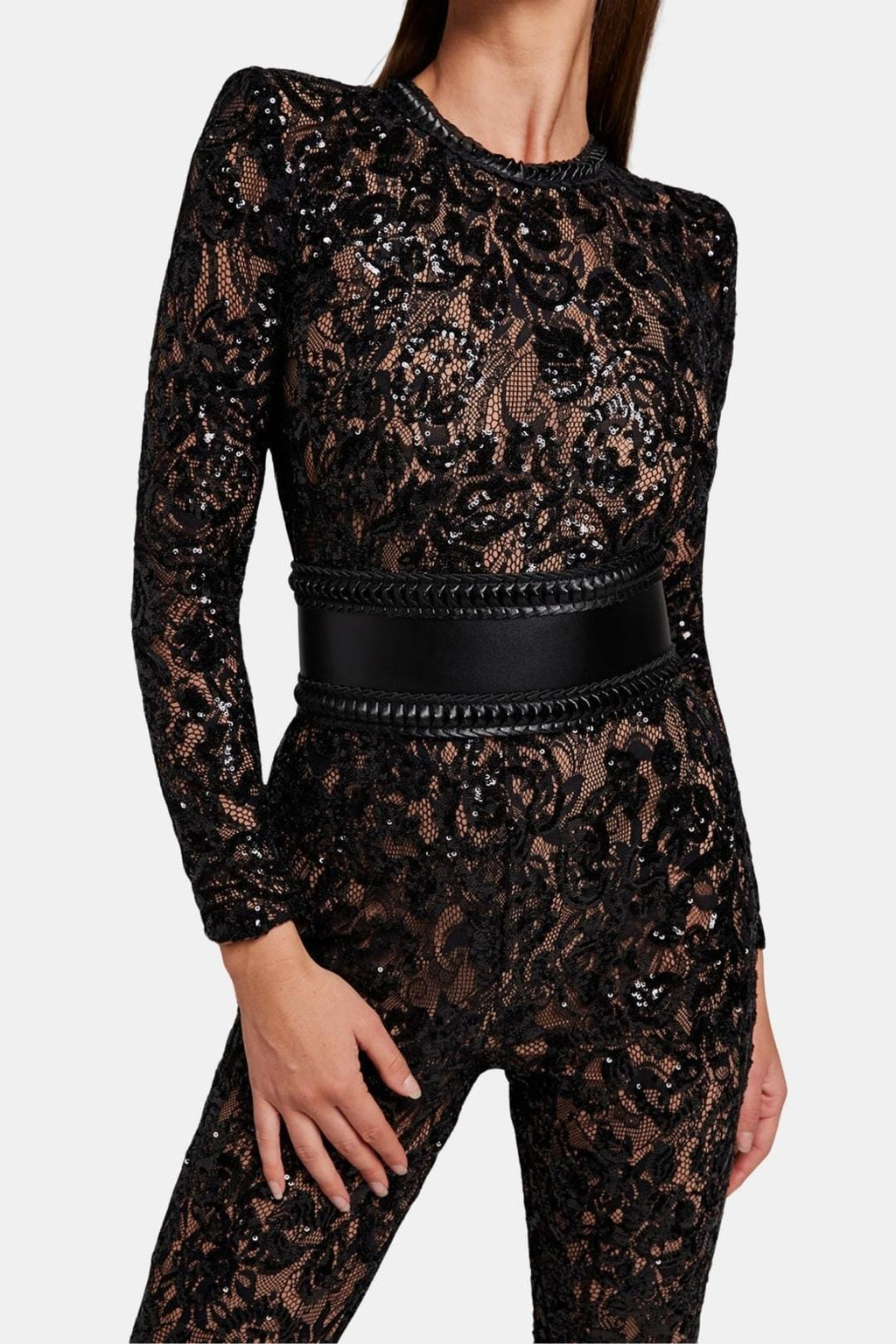 Black lace long-sleeve jumpsuit with round neck and textured waistband