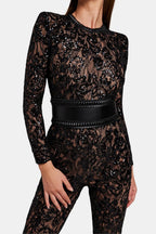 Black lace long-sleeve jumpsuit with round neck and textured waistband
