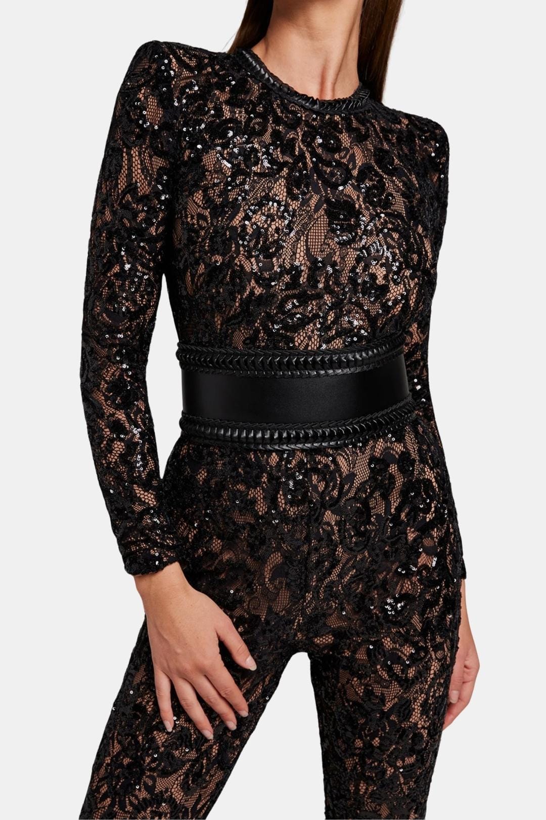 Black lace long-sleeve jumpsuit with round neck and textured waistband