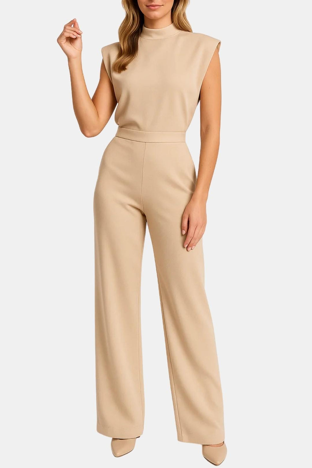 Women's sleeveless wide-leg jumpsuit in beige, high neck and fitted waist with wide legs.