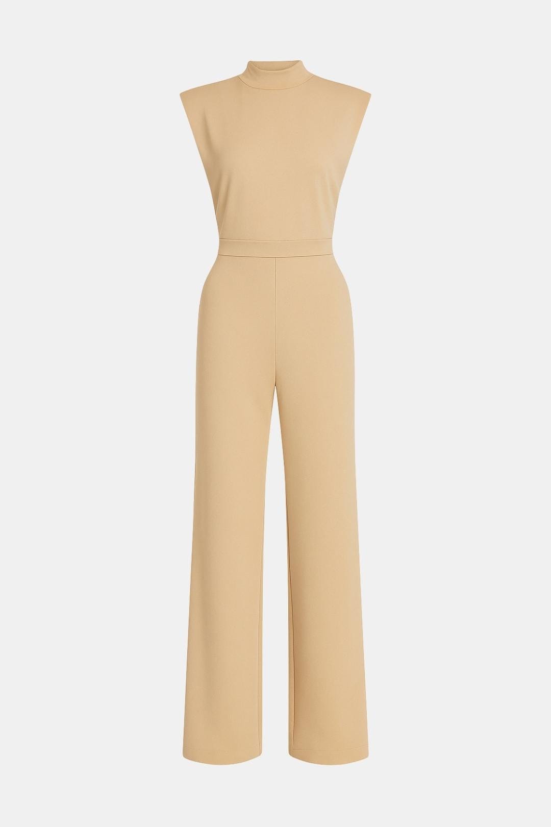 Women's sleeveless wide-leg jumpsuit in beige, high neck and long wide legs.