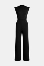Women's sleeveless wide-leg jumpsuit in black, high neck and long wide legs.