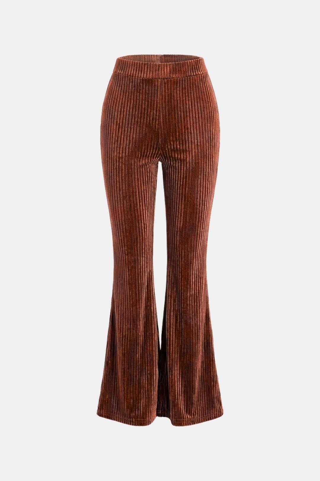 Rust brown flared corduroy trousers, straight waist to wide bootcut hem