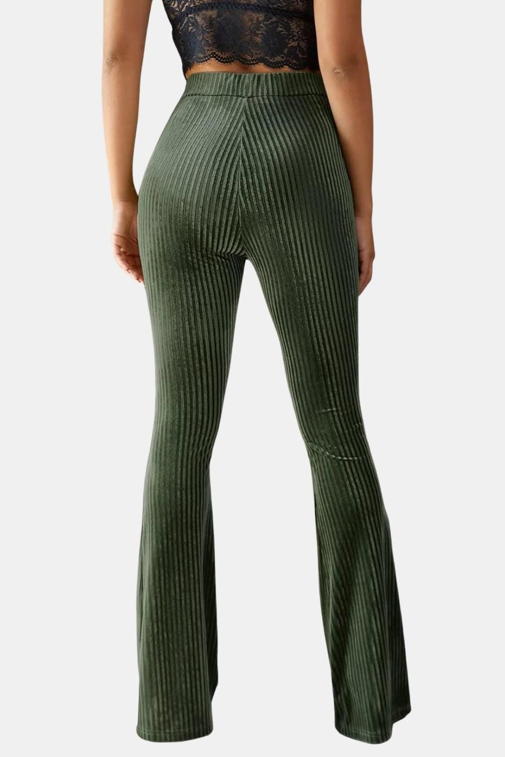Green flared corduroy trousers with straight rise and wide leg flare