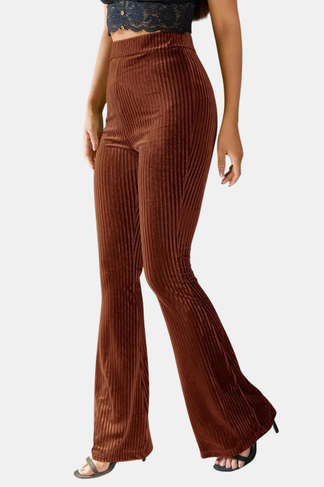 Brown flared corduroy trousers with front pockets and slim waist fit