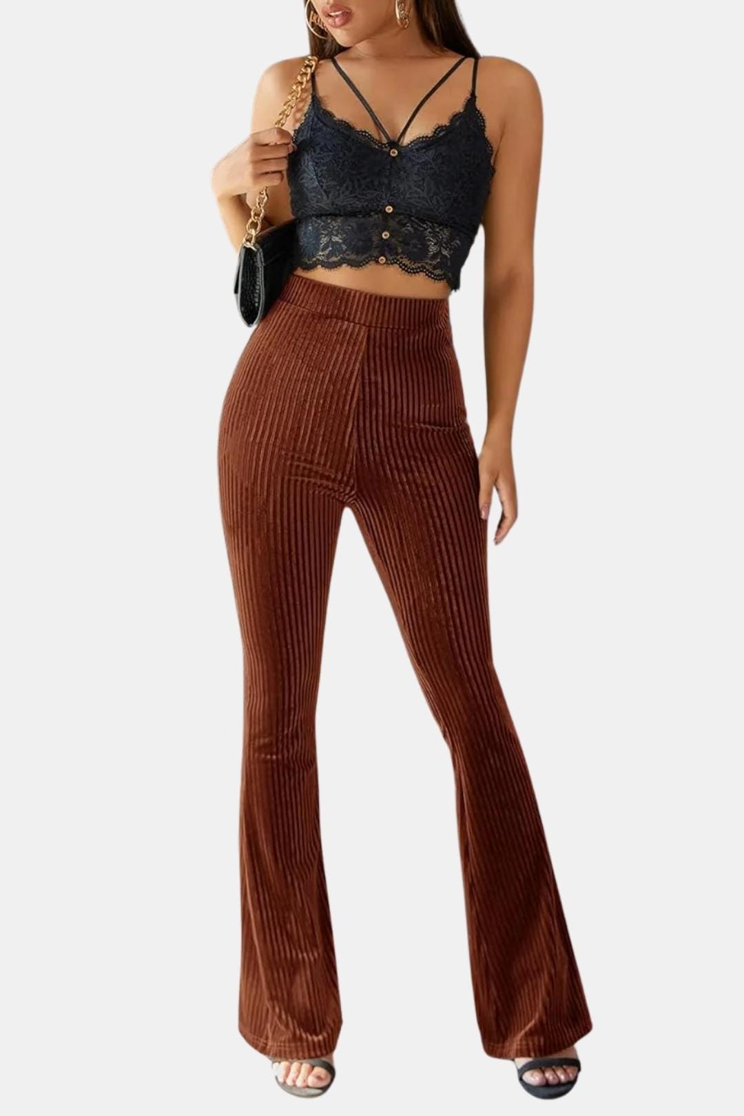 Brown flared corduroy trousers with slit pockets and wide flare legs