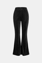 Black flared corduroy trousers, straight waistband to wide bootcut hem