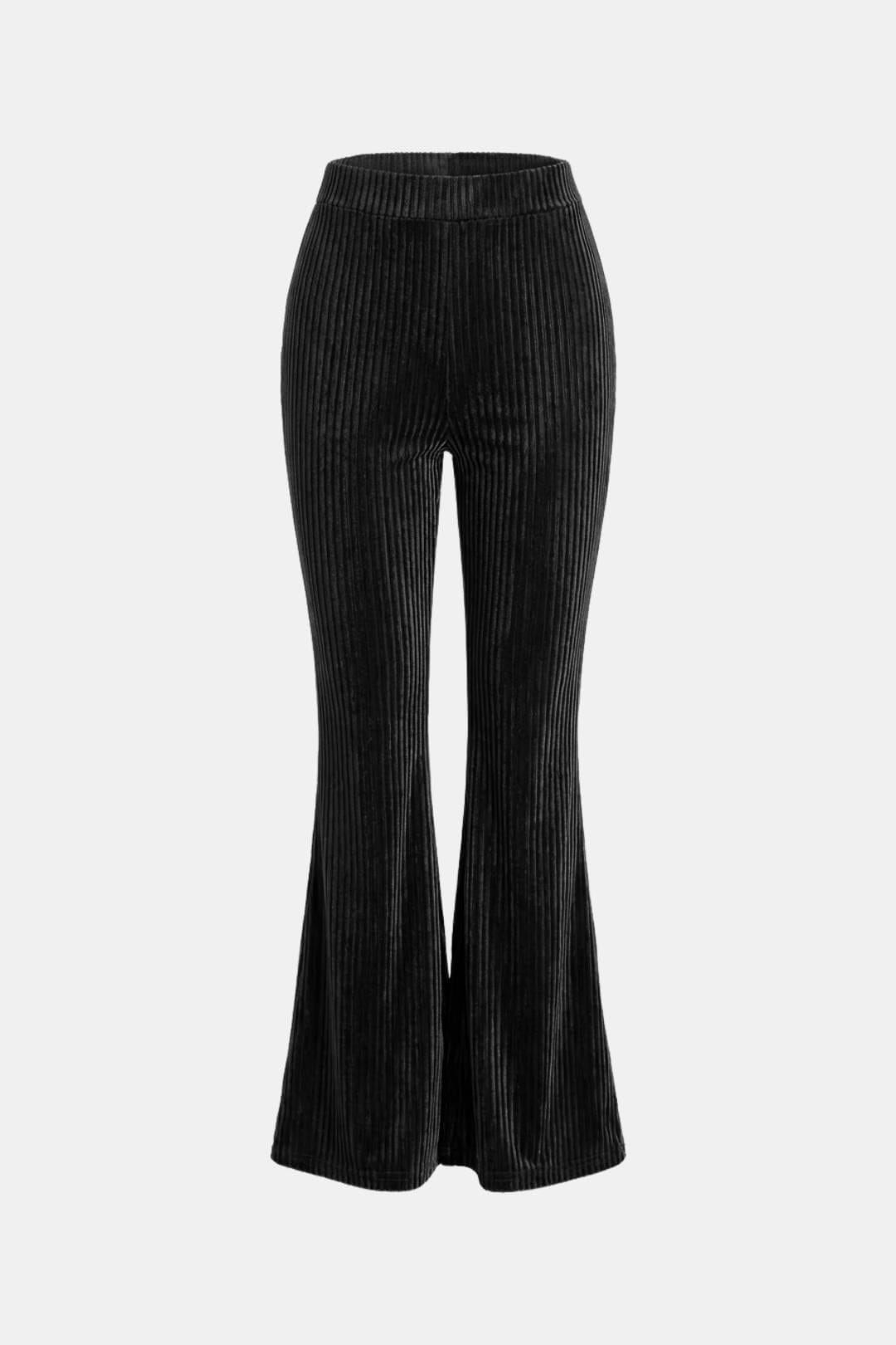 Black flared corduroy trousers, straight waistband to wide bootcut hem