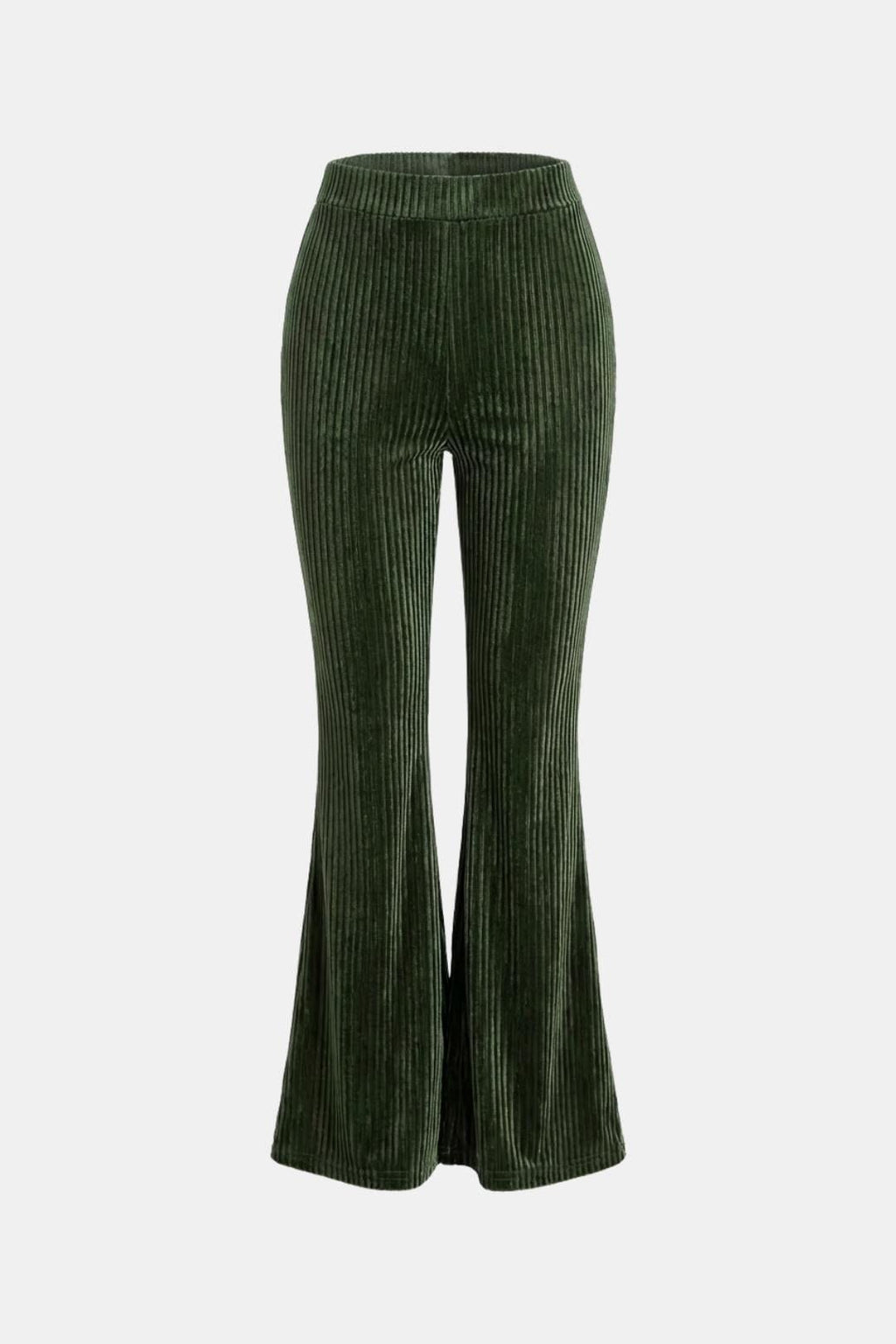 Dark green flared corduroy trousers with wide bootcut flare and ribbed texture