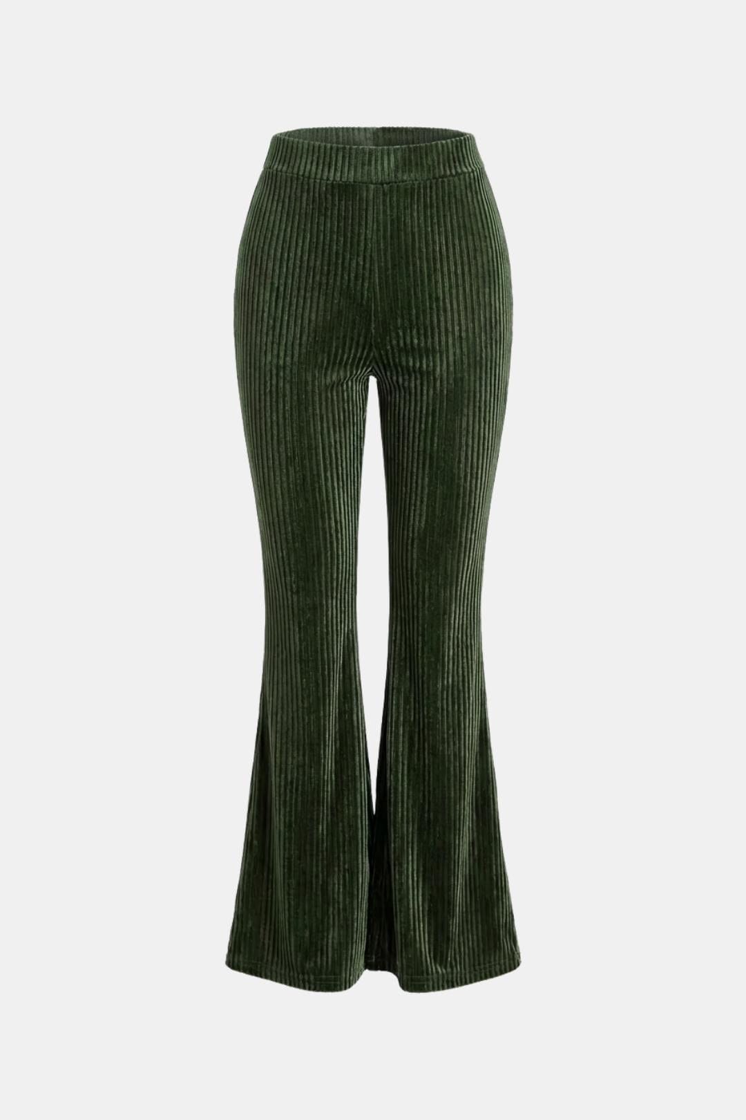 Dark green flared corduroy trousers with wide bootcut flare and ribbed texture