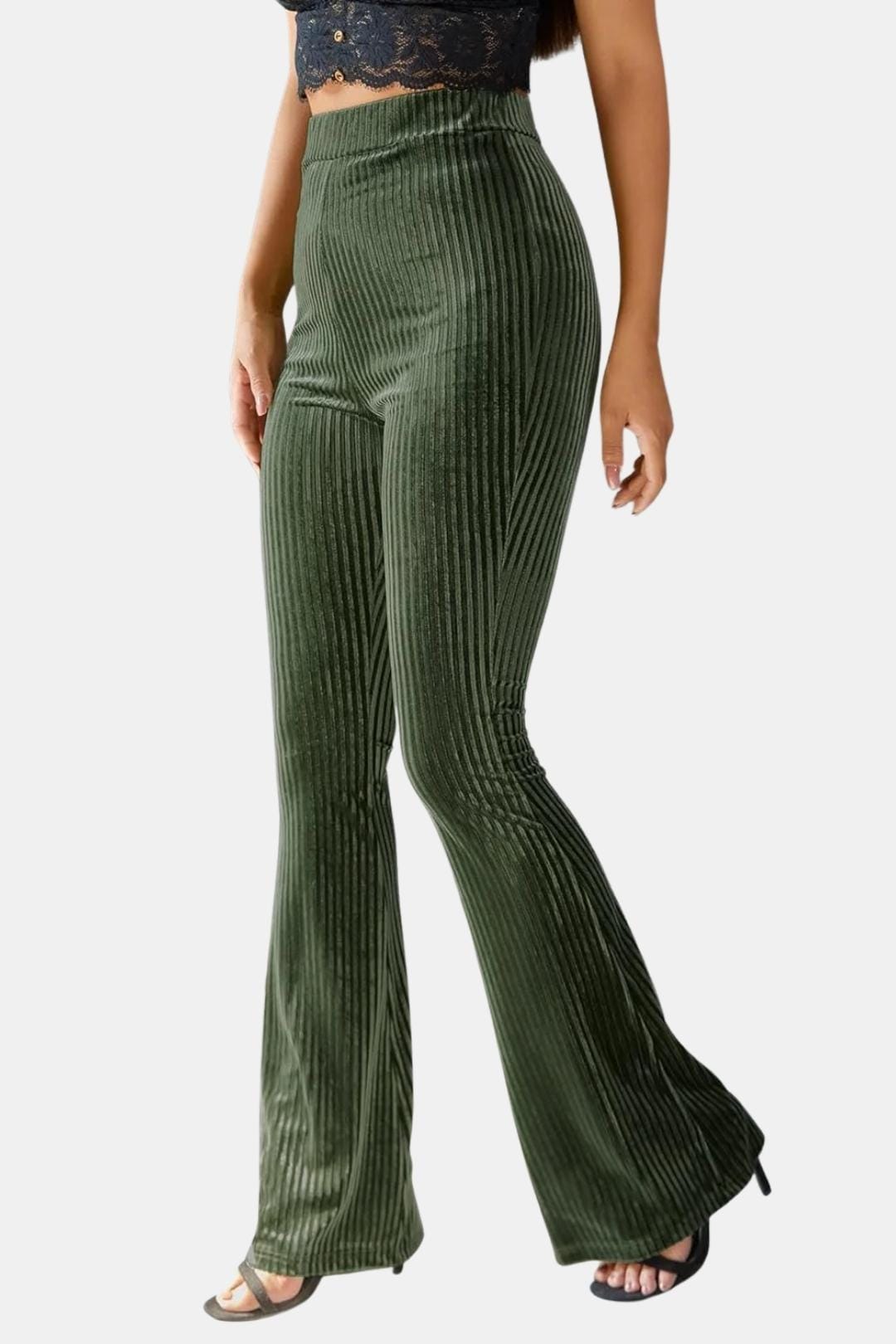 Green flared corduroy trousers with front pockets and vertical ribbed texture