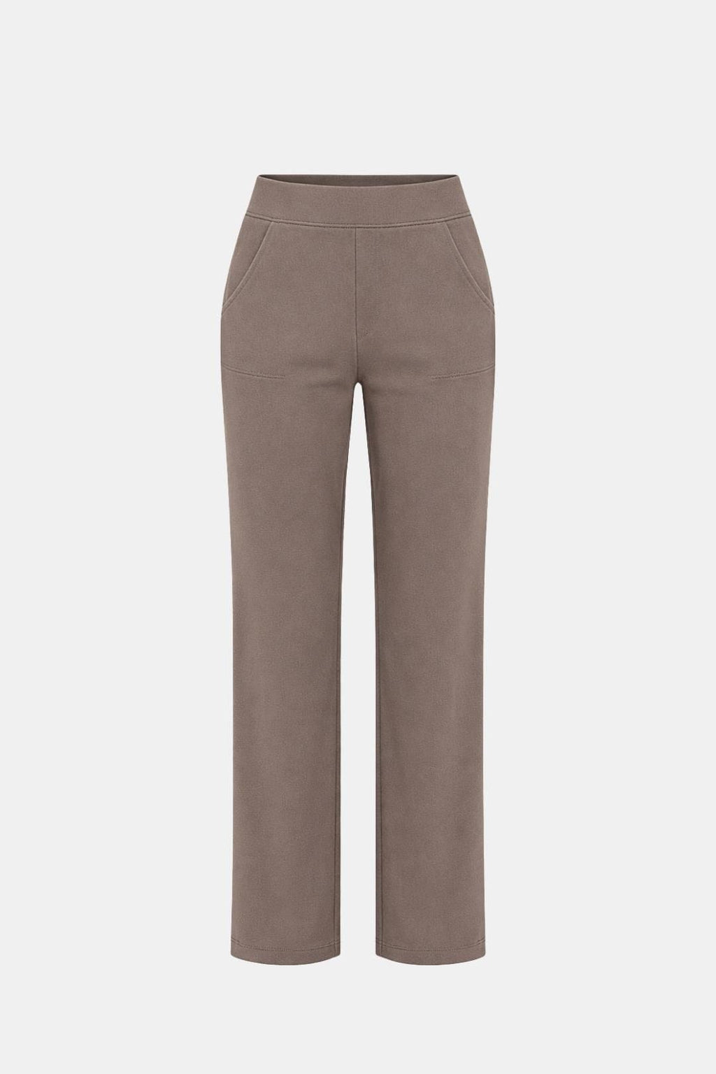 High-waist stretch straight-leg pants in taupe-gray with front seam detailing