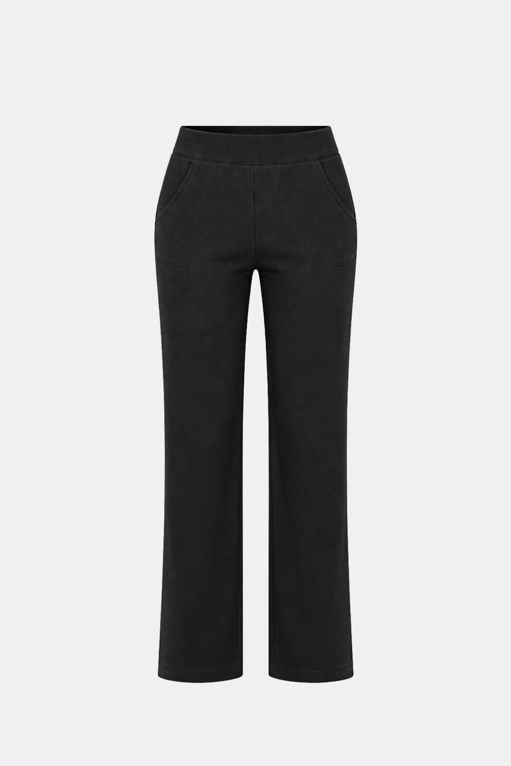 High-waist stretch straight-leg pants in black with a smooth waistband and straight cut