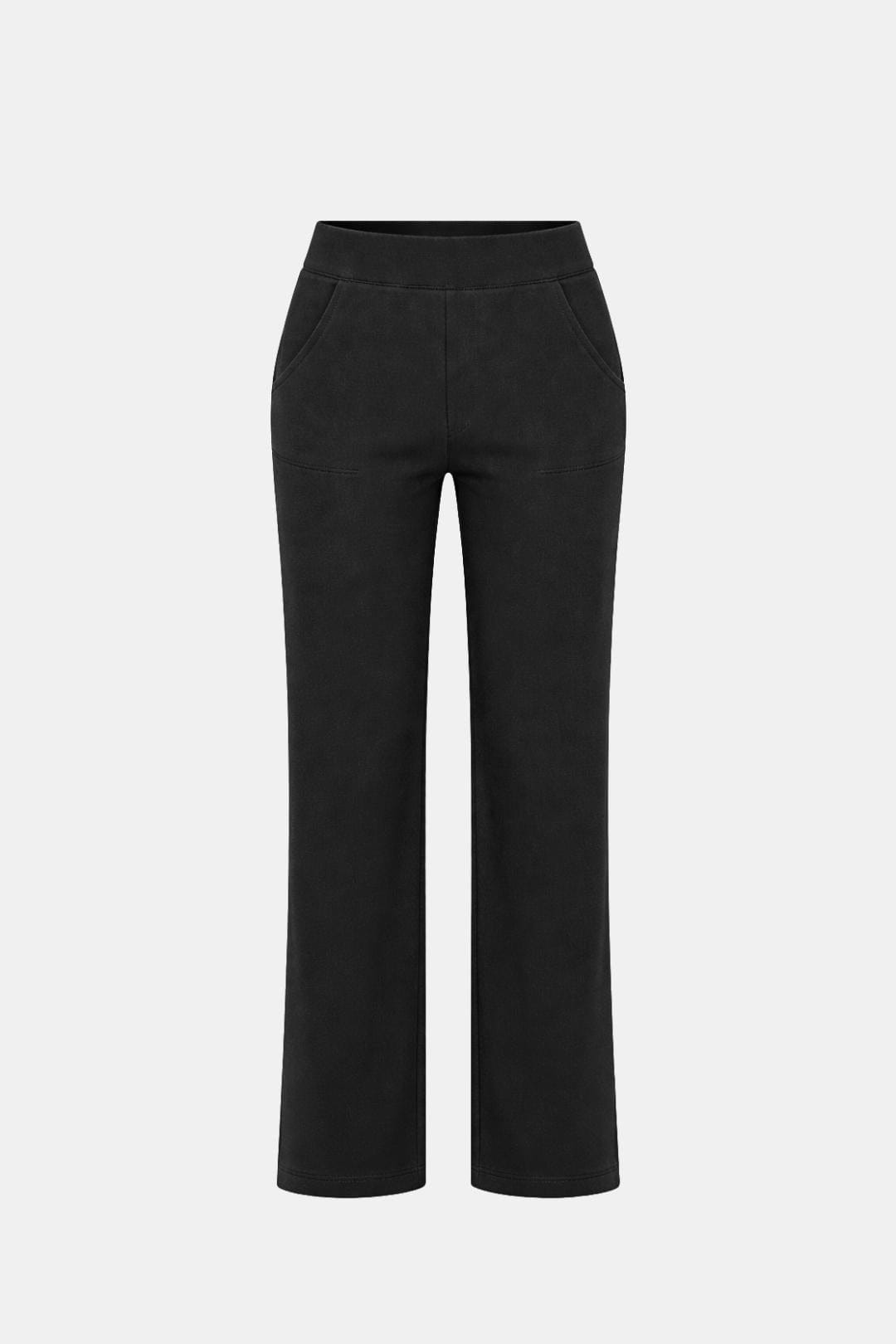High-waist stretch straight-leg pants in black with a smooth waistband and straight cut
