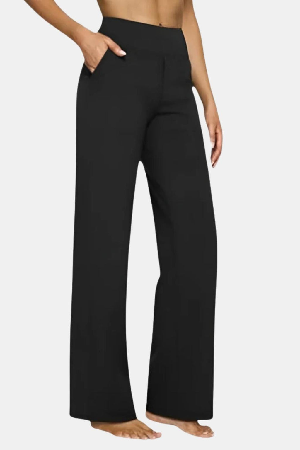 High-waist stretch pants in black with straight-leg fit and side pockets