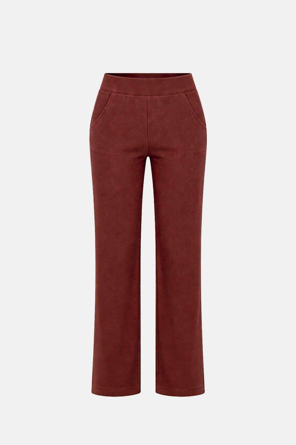 High-waist stretch straight-leg pants in deep red with simple front seam and pockets