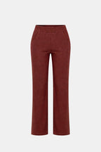 High-waist stretch straight-leg pants in deep red with simple front seam and pockets
