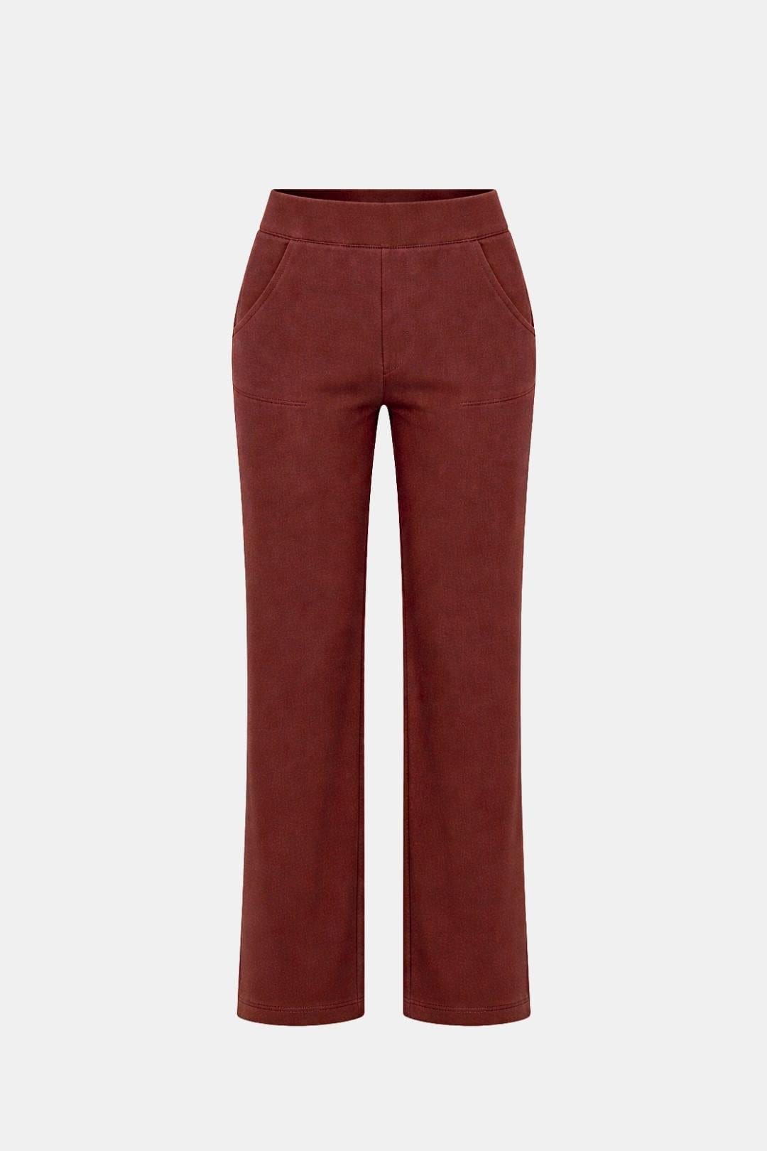 High-waist stretch straight-leg pants in deep red with simple front seam and pockets