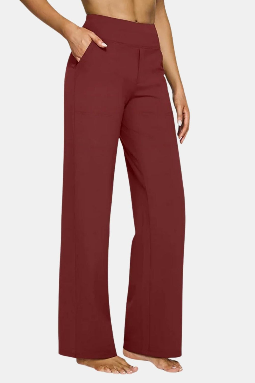 High-waist stretch pants in red with straight-leg fit and side pockets