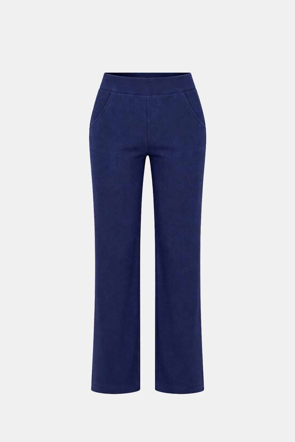 High-waist stretch straight-leg pants in navy blue with front seam and straight legs