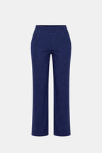High-waist stretch straight-leg pants in navy blue with front seam and straight legs