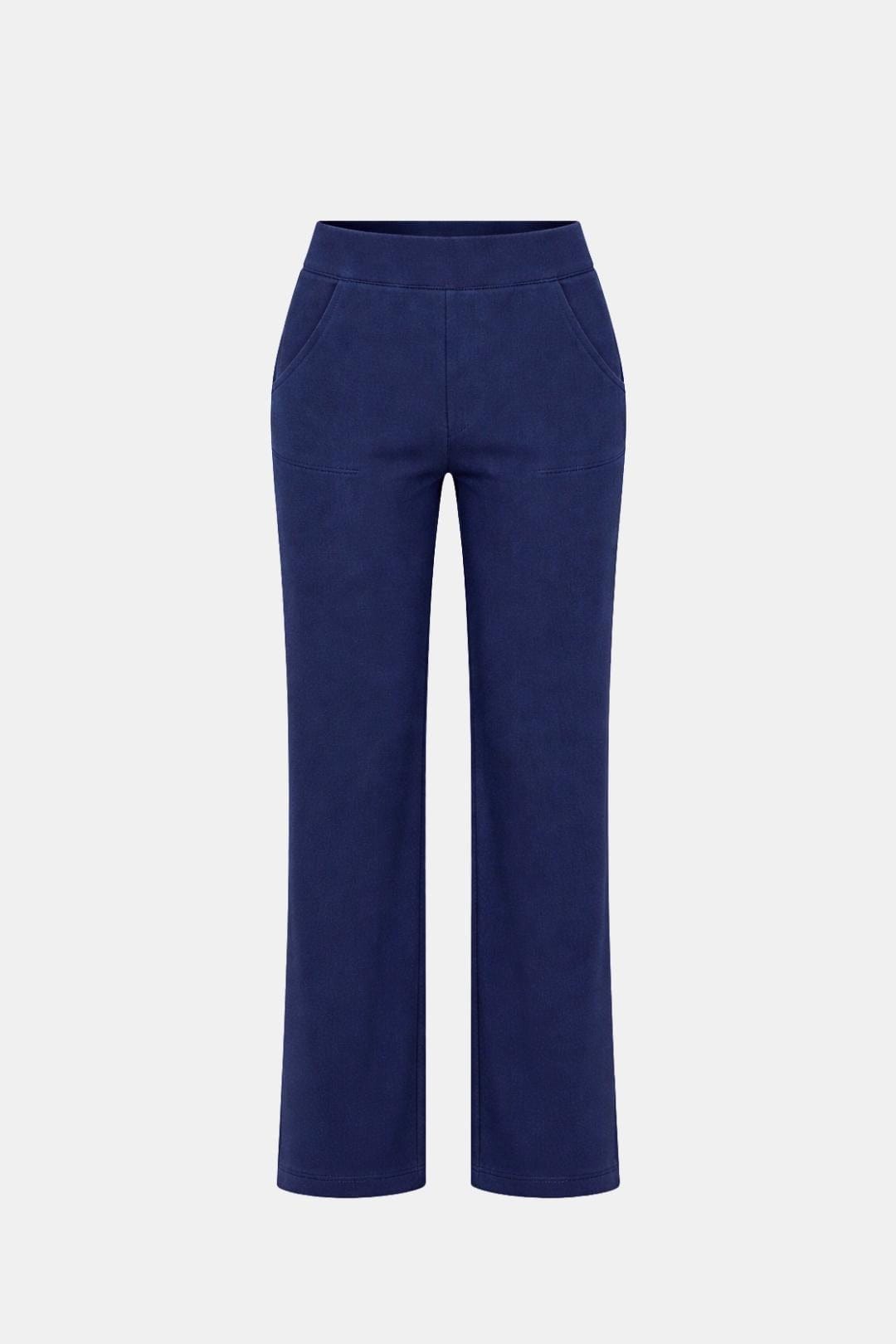 High-waist stretch straight-leg pants in navy blue with front seam and straight legs