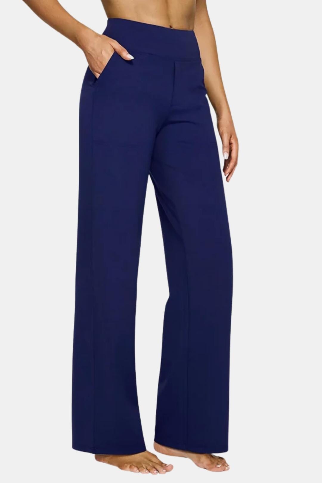 High-waist stretch pants in blue with straight-leg fit and side pockets