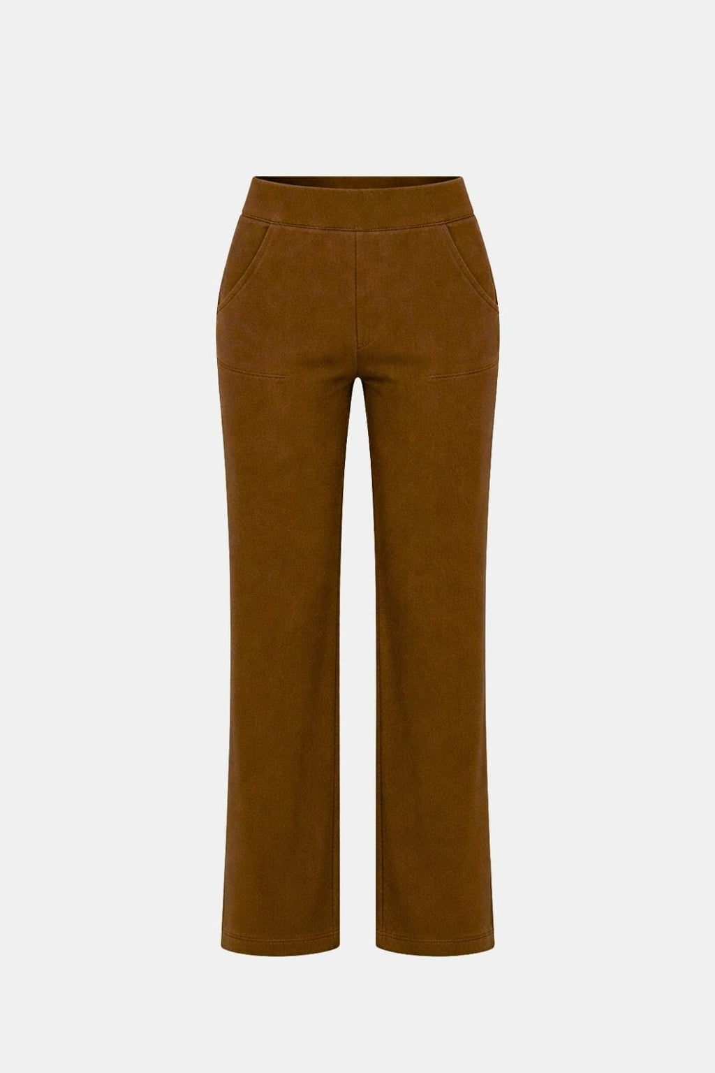High-waist stretch straight-leg pants in dark brown with clean front seams