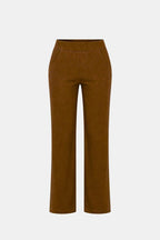 High-waist stretch straight-leg pants in dark brown with clean front seams