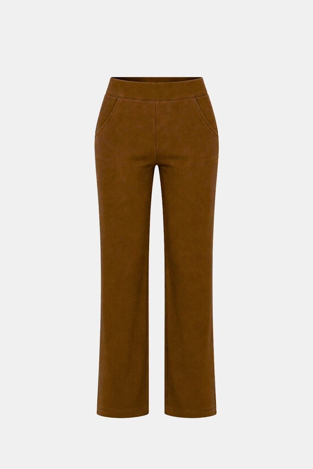 High-waist stretch straight-leg pants in dark brown with clean front seams