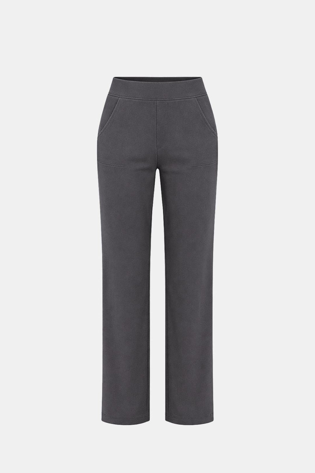 High-waist stretch straight-leg pants in dark gray with clean straight silhouette