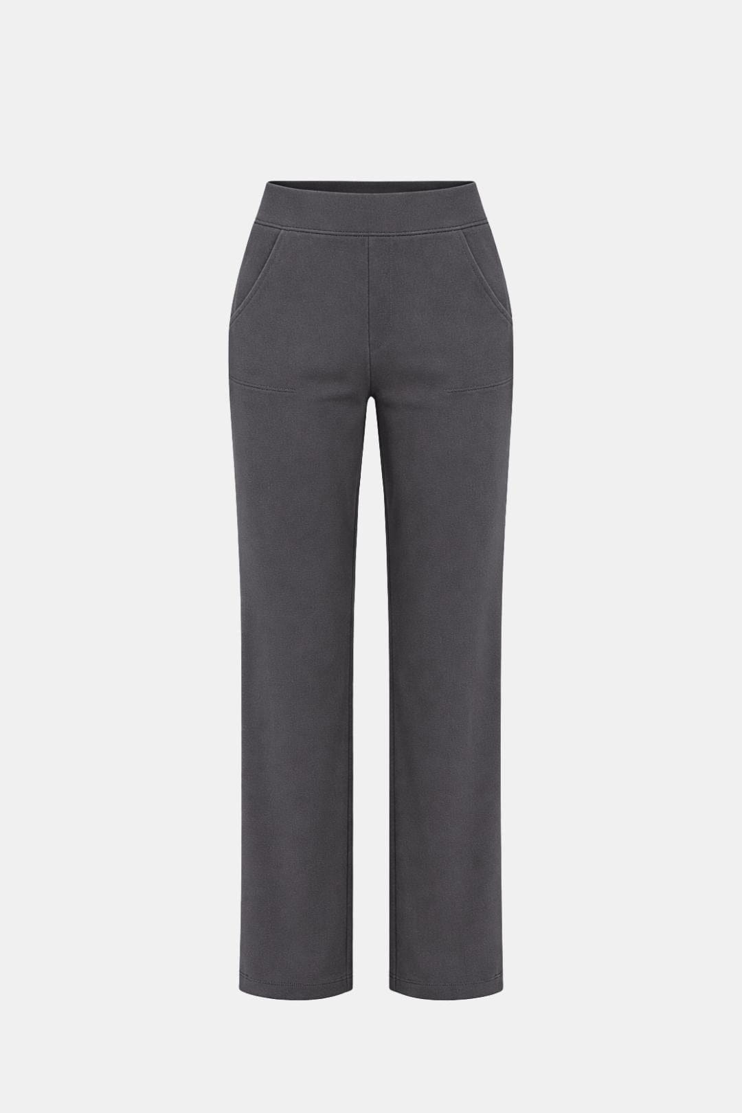 High-waist stretch straight-leg pants in dark gray with clean straight silhouette