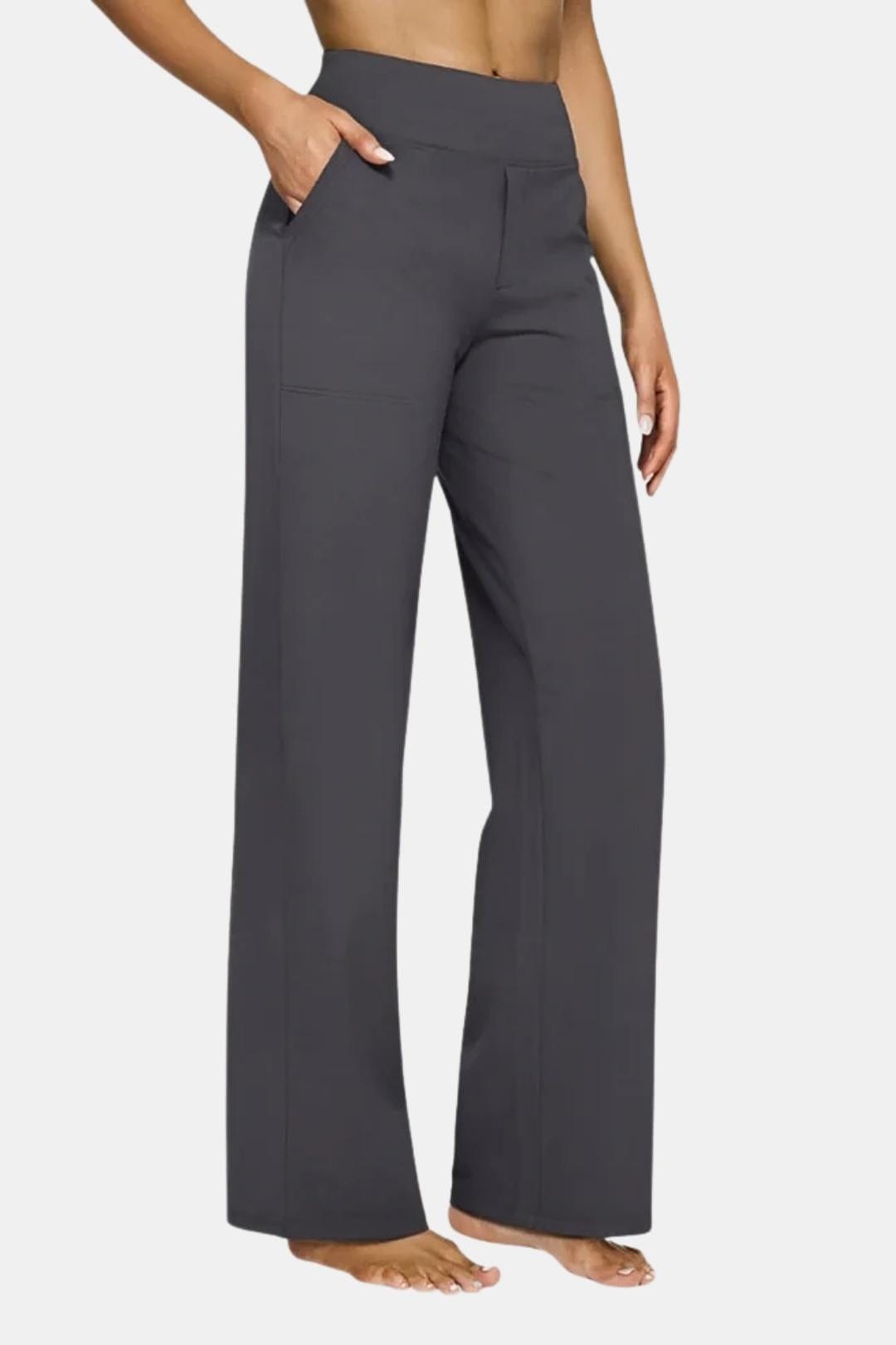High-waist stretch pants in dark gray with straight-leg fit and side pockets