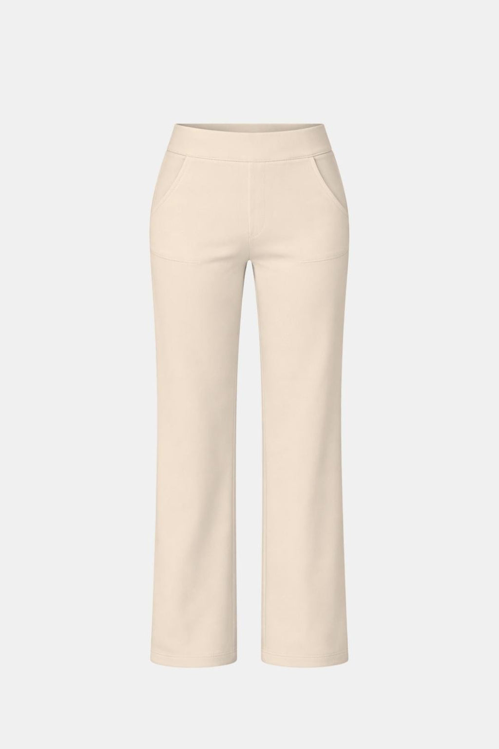 High-waist stretch straight-leg pants in cream with curved waistband and front seam