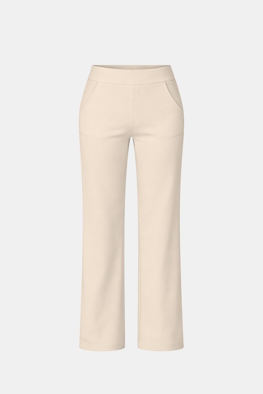 High-waist stretch straight-leg pants in cream with curved waistband and front seam