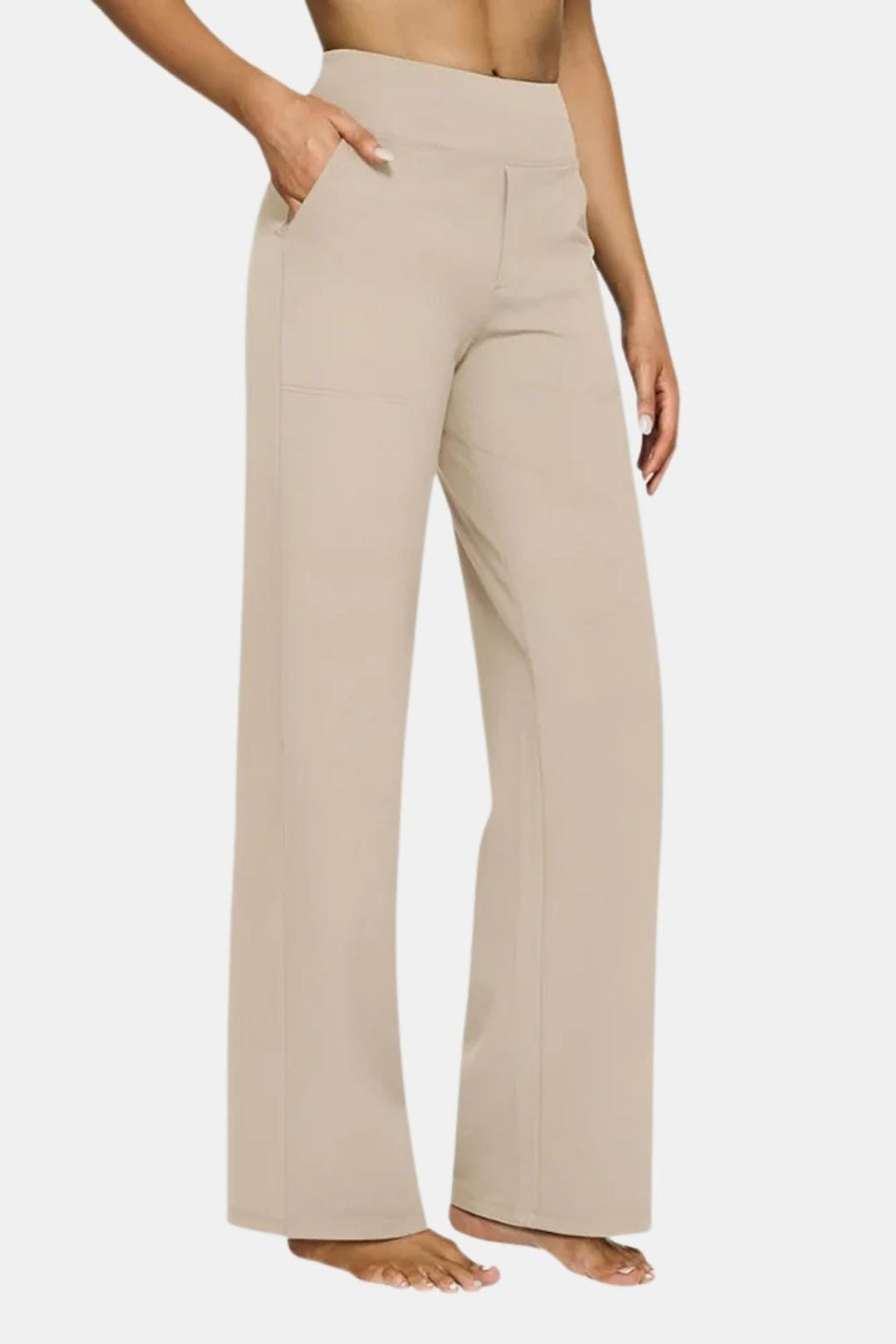 High-waist stretch pants in cream with straight-leg fit and side pockets