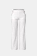 High-waist stretch straight-leg pants in white with minimal seams and wide leg opening