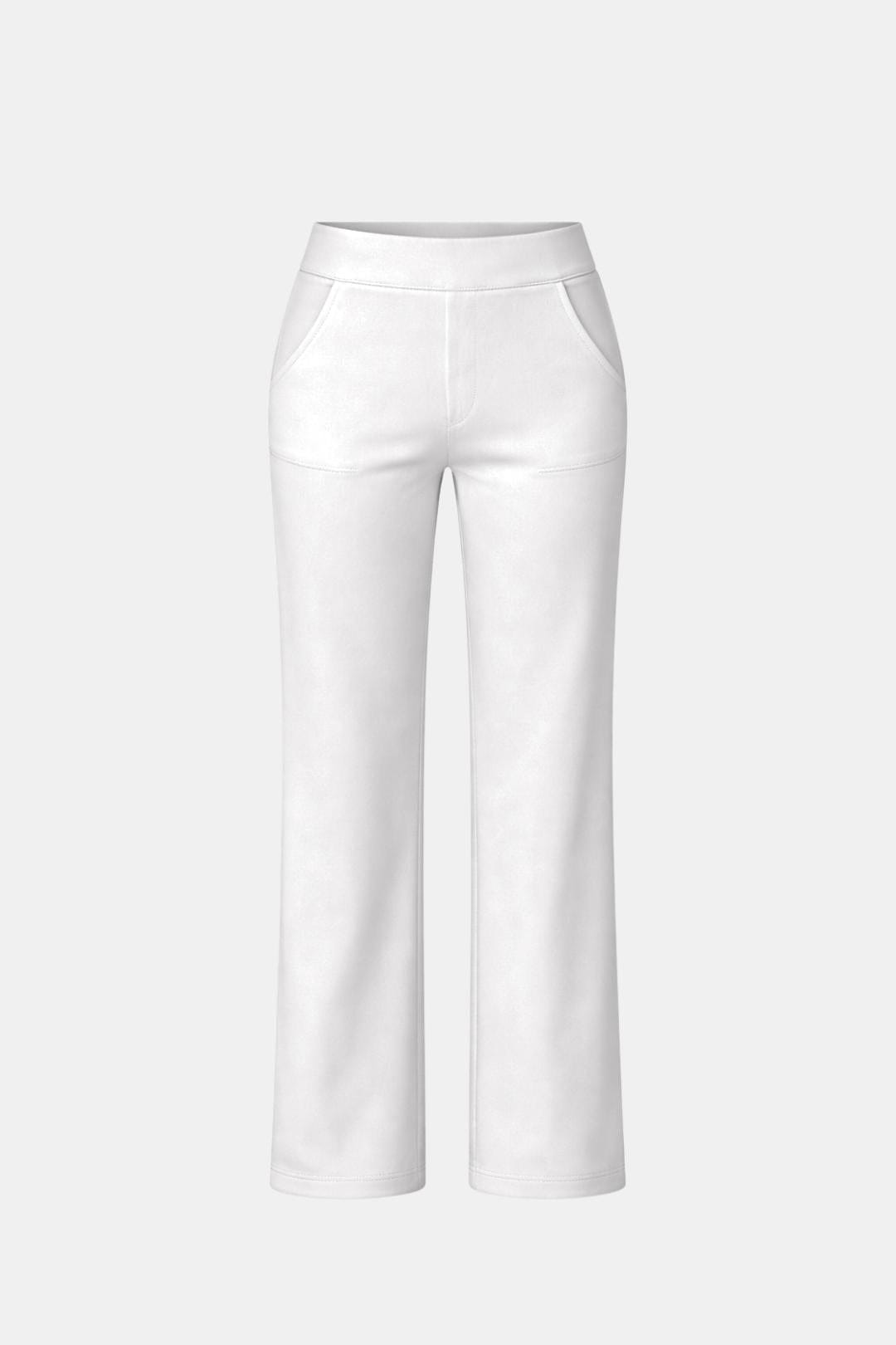 High-waist stretch straight-leg pants in white with minimal seams and wide leg opening